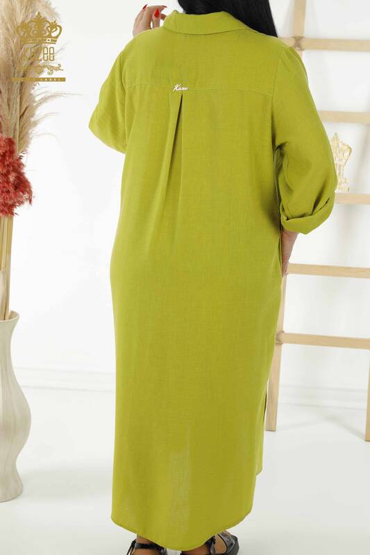 فستان نسائي - نصف زر مفصل - أخضر - 20385 | كازي