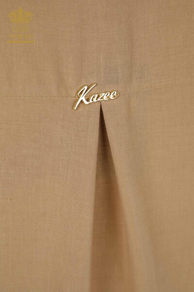 فستان نسائي - نصف زر مفصل - بيج - 20385 | كازي - Thumbnail