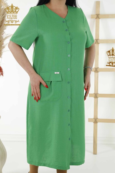 فستان نسائي بالجملة - مفصل بأزرار - أخضر - 20383 | كازي - Thumbnail