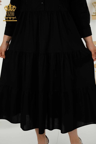 فستان نسائي بالجملة مزين بأزرار أسود - 20261 | كازي - Thumbnail