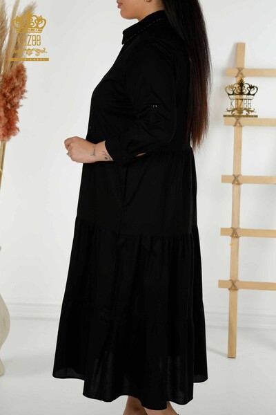 فستان نسائي بالجملة مزين بأزرار أسود - 20261 | كازي - Thumbnail