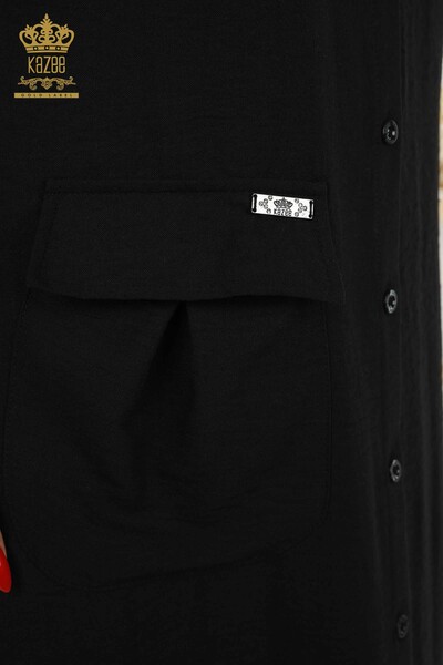 فستان نسائي بالجملة - مفصل بأزرار - أسود - 20383 | كازي - Thumbnail