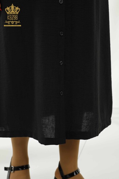 فستان نسائي بالجملة - مفصل بأزرار - أسود - 20383 | كازي - Thumbnail