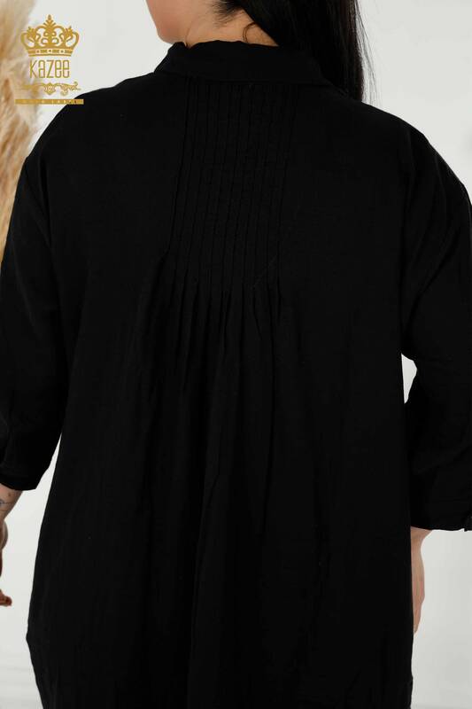 فستان نسائي بالجملة - مفصل بأزرار - أسود - 20405 | كازي