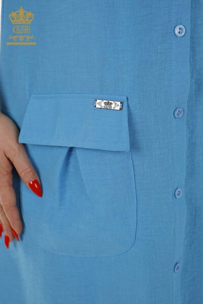 فستان نسائي بالجملة - مفصل بأزرار - أزرق - 20383 | كازي - Thumbnail