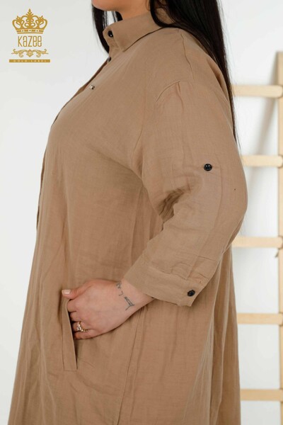 فستان نسائي - مفصل بأزرار - بيج - 20405 | كازي - Thumbnail
