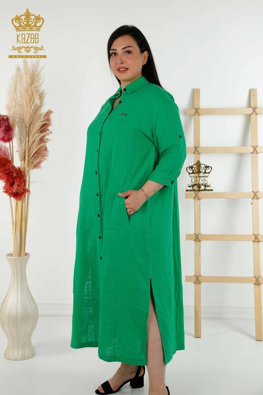 فستان نسائي بالجملة - مفصل بأزرار - أخضر - 20405 | كازي