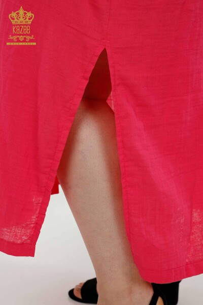 فستان نسائي بالجملة - مفصل بأزرار - فوشيا - 20405 | كازي - Thumbnail