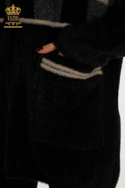 كارديجان نسائي طويل مربعات أنجورا أسود - 30208 | كازي - Thumbnail