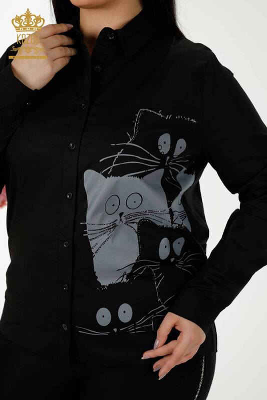 قميص نسائي بالجملة - نمط قطة - أسود - 20318 | كازي