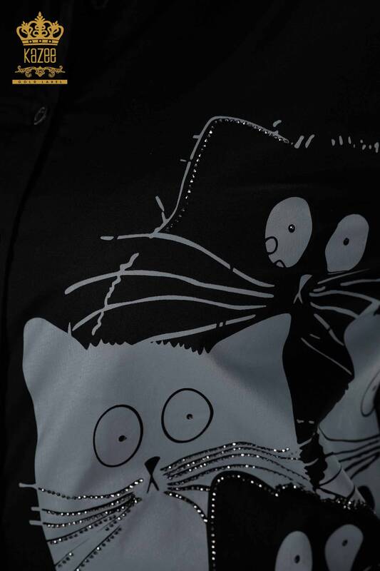 قميص نسائي بالجملة - نمط قطة - أسود - 20318 | كازي