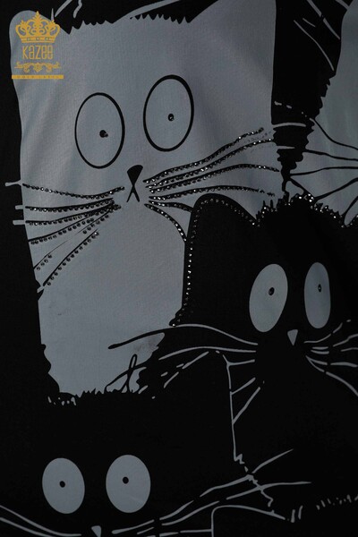 قميص نسائي بالجملة - نمط قطة - أسود - 20318 | كازي - Thumbnail