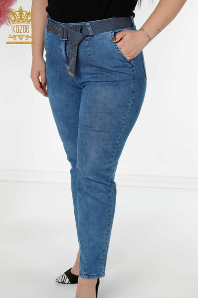بنطلون جينز نسائي مع حزام جيب مفصل أزرق - 3687 | كازي - Thumbnail