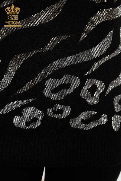 تريكو نسائي بالجملة - جلد الفهد - مطرز بالأحجار - أسود - 40004 | كازي - Thumbnail