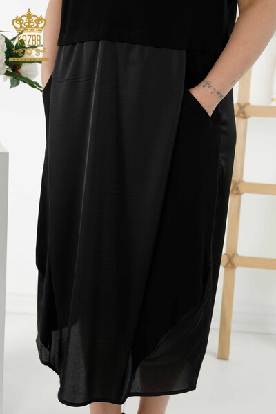 فستان نسائي بالجملة - مطرز بالأحجار - جيب - أسود - 20368 | كازي - Thumbnail