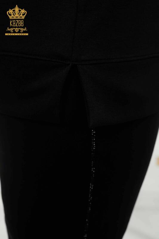 بدلة رياضية نسائية - جيوب - مطرز بالحجر - أسود - 20398 | كازي