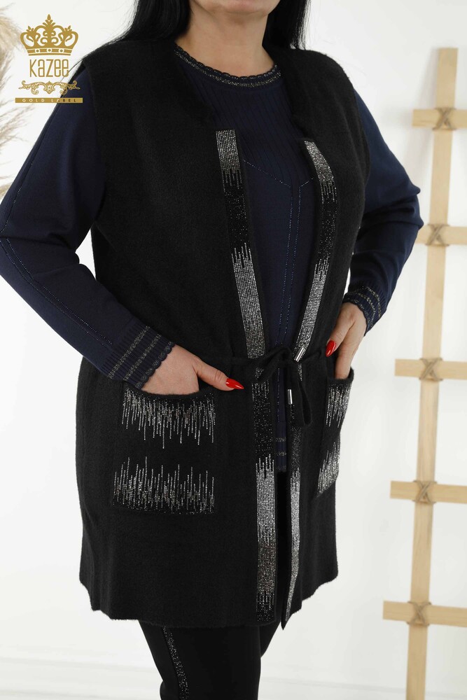صدرية حريمي بالجملة مطرز كريستال ستون اسود - 30247 | كازي - 2