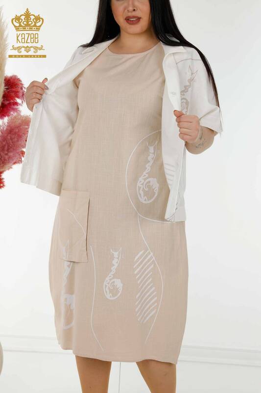 بدلة صيفية للنساء بالجملة - فستان قميص بيج بيج فاتح - 20314 | كازي
