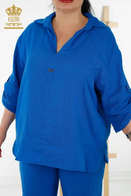 قميص نسائي صيفي للبيع بالجملة - بجيب - أزرق داكن - 20402 | كازي