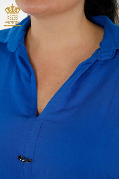 قميص نسائي صيفي للبيع بالجملة - بجيب - أزرق داكن - 20402 | كازي - Thumbnail