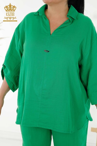 صيف نسائي بالجملة - بدلة قميص - جيوب - أخضر - 20402 | كازي - Thumbnail (2)