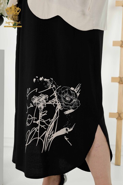 فستان قميص نسائي - بنمط مورد - بيج أسود - 20367 | كازي - Thumbnail
