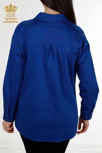 قميص نسائي بالجملة مطرز بأحجار الكريستال أزرق غامق - 20250 | كازي - Thumbnail