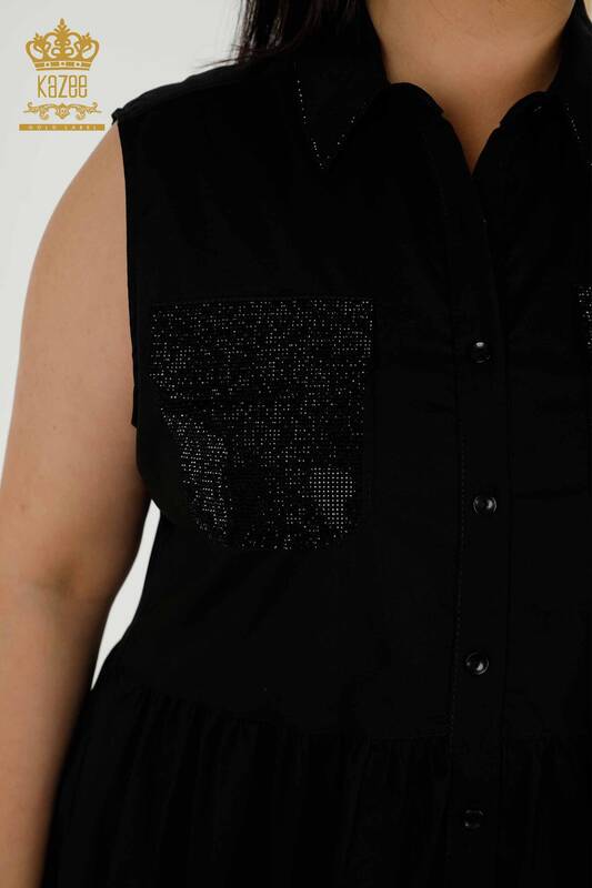 فستان قميص نسائي - مطرز بالحجر - أسود - 20266 | كازي