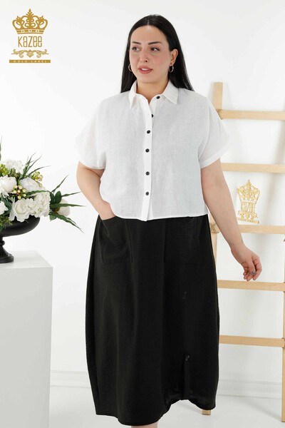 فستان قميص نسائي - كم قصير - منقوش - أبيض - 20377 | كازي - Thumbnail