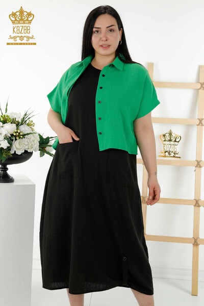 فستان قميص نسائي - كم قصير - أخضر منقوش - 20377 | كازي - Thumbnail
