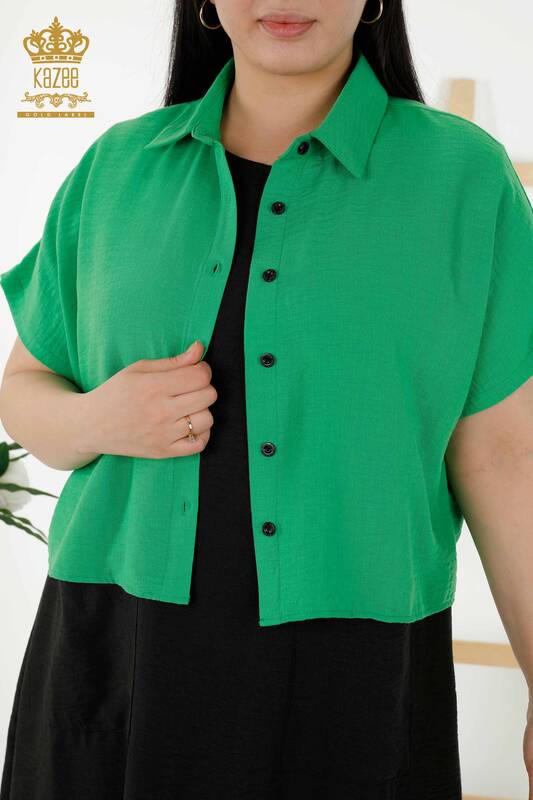 فستان قميص نسائي - كم قصير - أخضر منقوش - 20377 | كازي