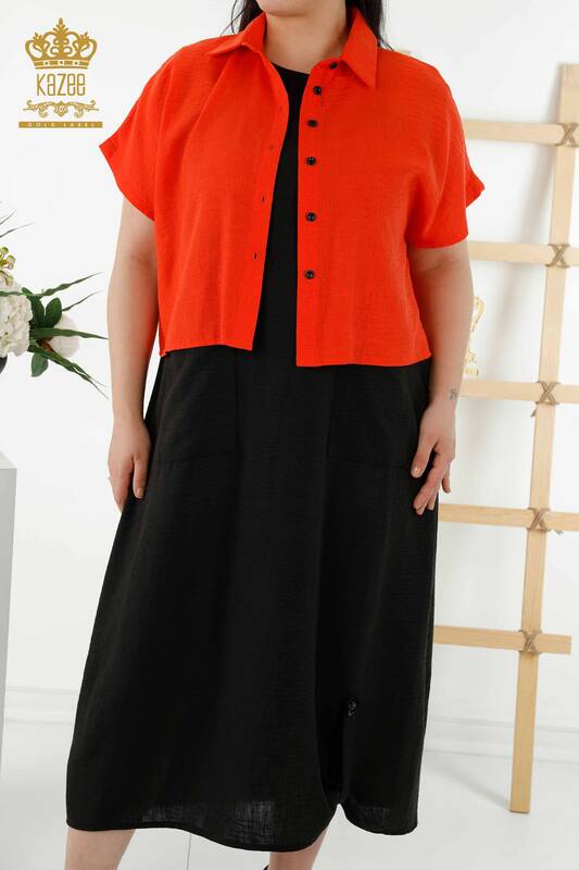 فستان قميص نسائي - كم قصير - برتقالي منقوش - 20377 | كازي