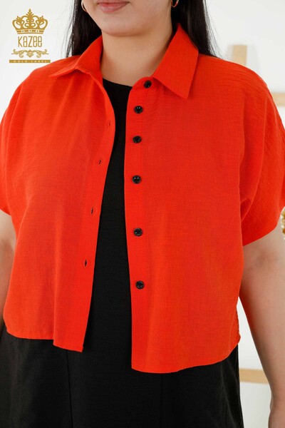 فستان قميص نسائي - كم قصير - برتقالي منقوش - 20377 | كازي - Thumbnail