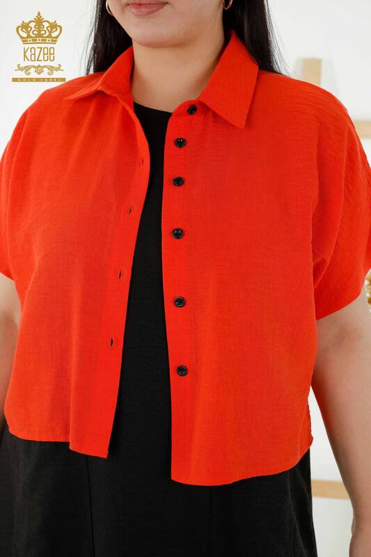 فستان قميص نسائي - كم قصير - برتقالي منقوش - 20377 | كازي