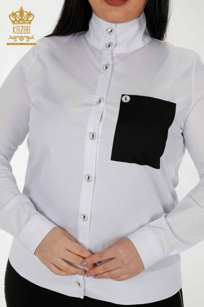 قميص نسائي بالجملة - مُفصل بالجيب - أبيض أسود - 20309 | كازي - Thumbnail