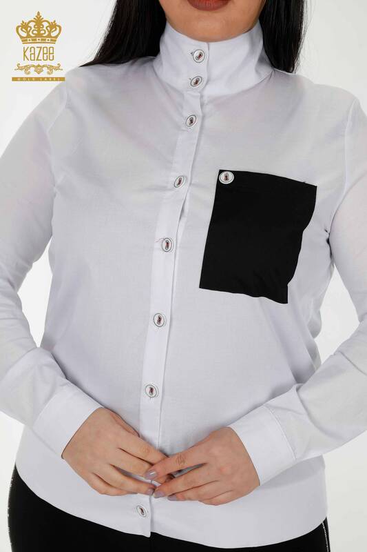 قميص نسائي بالجملة - مُفصل بالجيب - أبيض أسود - 20309 | كازي