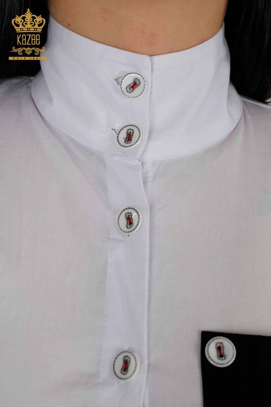 قميص نسائي بالجملة - مُفصل بالجيب - أبيض أسود - 20309 | كازي