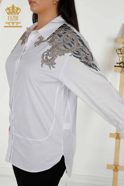 قميص نسائي بالجملة - مفصل الكتف - أبيض - 20440 | كازي - Thumbnail