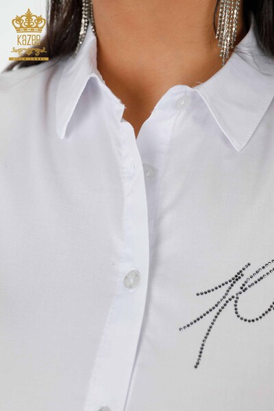قميص نسائي بالجملة لون ابيض منقوش - 20085 | كازي - Thumbnail