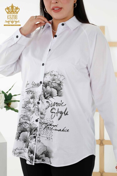 قميص نسائي - بنمط مورد - أبيض - 20351 | كازي - Thumbnail