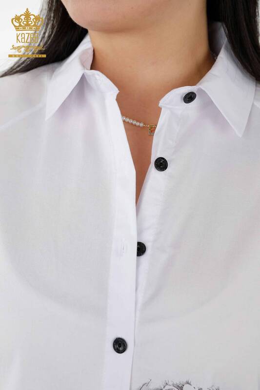 قميص نسائي - بنمط مورد - أبيض - 20351 | كازي