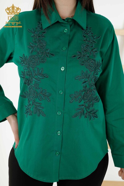 قميص نسائي بالجملة - نقش زهور - أخضر - 20249 | كازي - Thumbnail
