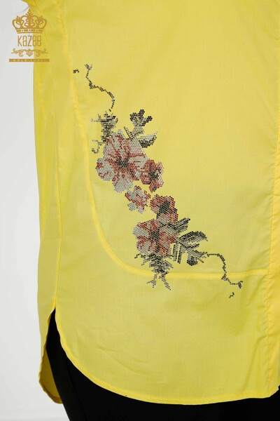 قميص نسائي بالجملة - نقش زهور - أصفر - 20439 | كازي - Thumbnail