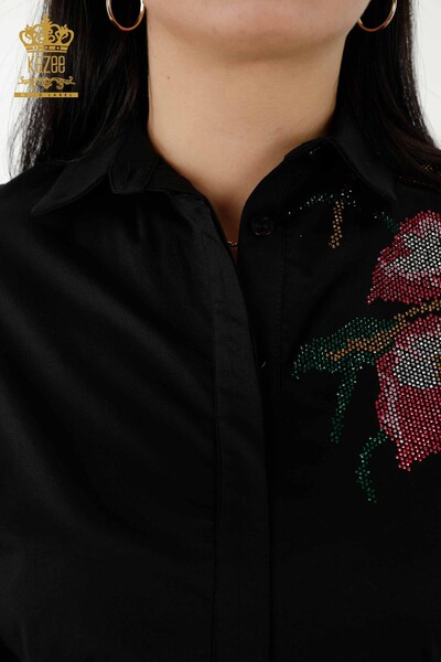 قميص نسائي بالجملة - مزين بالزهور - أسود - 17053 | كازي - Thumbnail