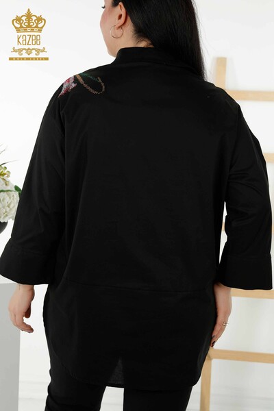 قميص نسائي بالجملة - مزين بالزهور - أسود - 17053 | كازي - Thumbnail