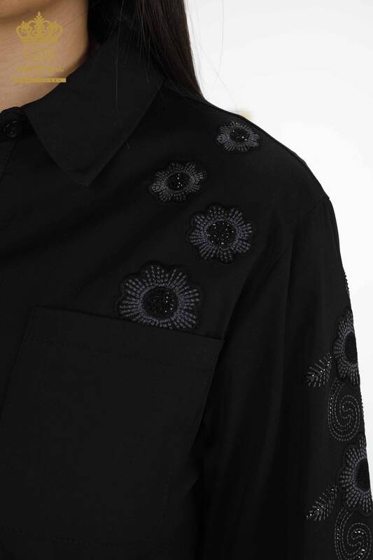 قميص نسائي بالجملة - نقش زهور - أسود - 20246 | كازي