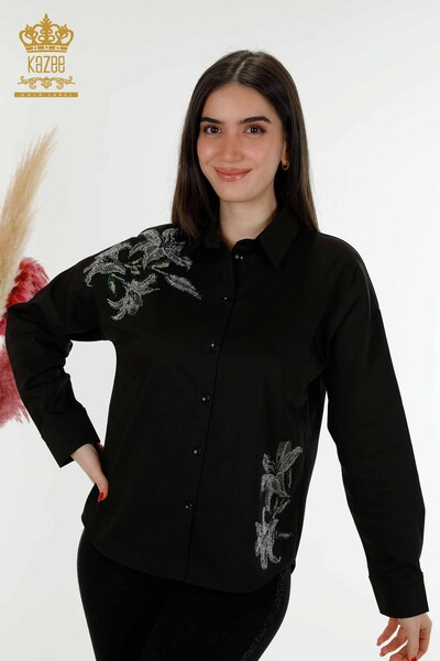 قميص نسائي بالجملة - مزين بالزهور - أسود - 20252 | كازي
