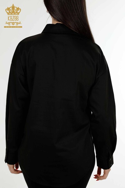 قميص نسائي بالجملة - مزين بالزهور - أسود - 20252 | كازي - Thumbnail