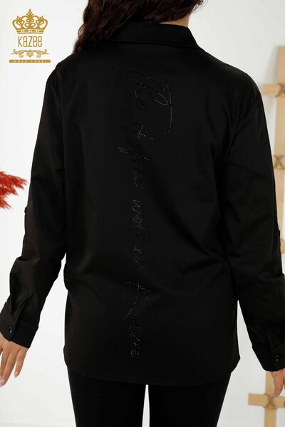 قميص نسائي بالجملة - مزين بالزهور - أسود - 20297 | كازي - Thumbnail