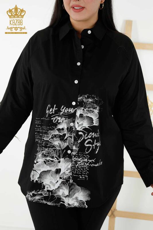 قميص نسائي بالجملة - مزين بالزهور - أسود - 20351 | كازي
